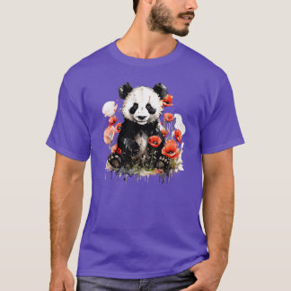 色とりどりの野花の咲く野原のパンダ Tシャツ