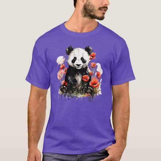 色とりどりの野花の咲く野原のパンダ Tシャツ (正面)