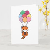 色とりどりの風船と一緒に赤いパンダが飛び上がる カード (黄色い花)