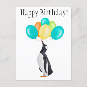 色とりどりの風船を持つペンギン - お誕生日おめでとう! ポストカード