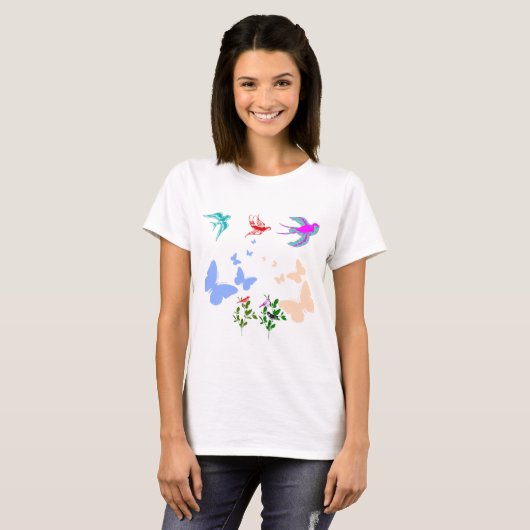 色とりどりの鳥と蝶の飛翔 ハーモニー Tシャツ (正面フル)