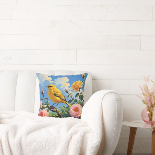 色とりどりの黄色い鳥と可愛らしいピンクのバラ クッション (ソファ)