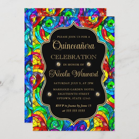 色と数々の金ゴールドステンドグラスキンセアニェラ 招待状 (正面/裏面)