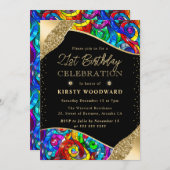 色と数々の金ゴールドステンドグラス21歳の誕生日 招待状 (正面/裏面)