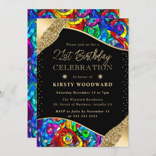 色と数々の金ゴールドステンドグラス21歳の誕生日 招待状