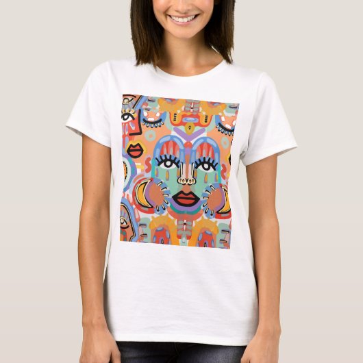 色と模様と重なり合う顔 Tシャツ (正面)