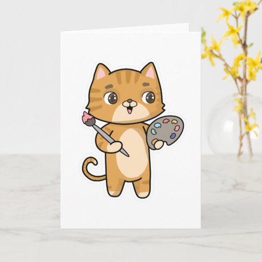 色と筆で絵を描く猫 カード (黄色い花)