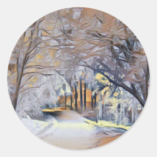 色と雪の木々のモダン水彩画 ラウンドシール