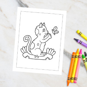 色ぬり キッズアクティビティカード 猫と蝶 , 子供のための蝶と遊ぶ猫のぬりえ。パーティでの娯楽 ポストカード