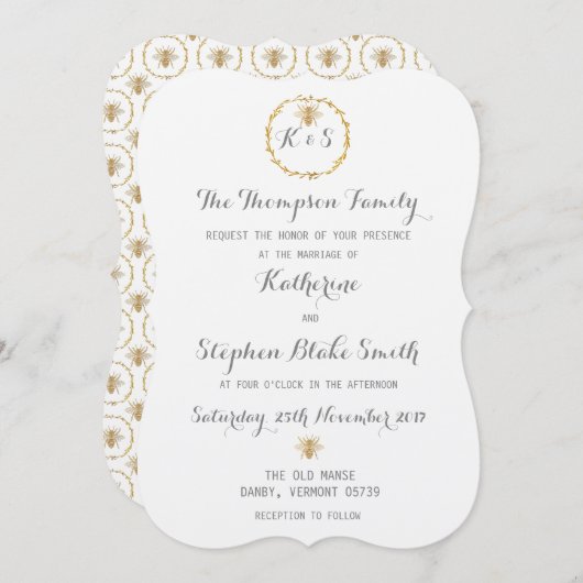 色のテンプレートの金ゴールドホイルの金蜂の結婚 招待状 (正面/裏面)