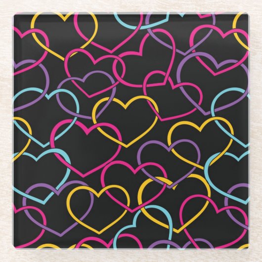 色のハートが付いているバレンタインパターン ガラスコースター (正面)