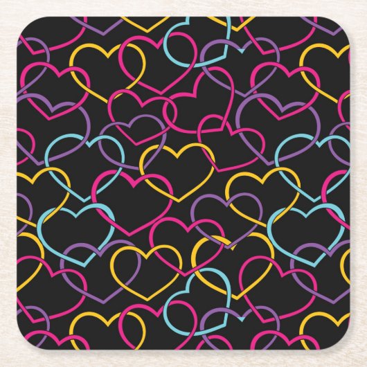 色のハートが付いているバレンタインパターン スクエアペーパーコースター (正面)
