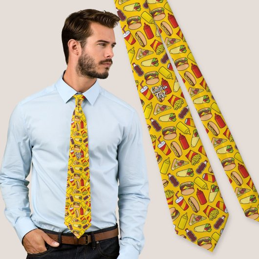 色のファーストフードのアイコンのパターン ネクタイ