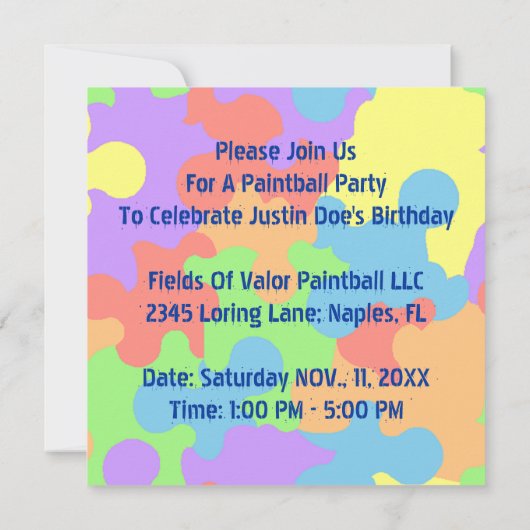 色のペンキの(ばちゃばちゃ)跳ねるのペイントボールのパーティの招待状 招待状 (裏面)