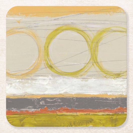 色の付いた背景に黄色数々のとオレンジの円 スクエアペーパーコースター (正面)