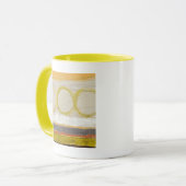 色の付いた背景に黄色数々のとオレンジの円 マグカップ (正面左)