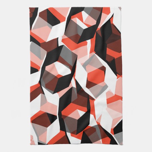 色の変わった部分を持つ多数の六角形、明るい赤 キッチンタオル (縦)