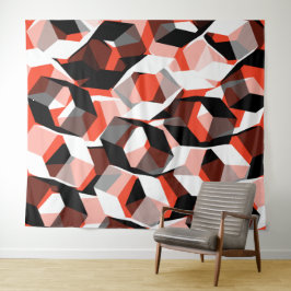 色の変わった部分を持つ多数の六角形、明るい赤 タペストリー