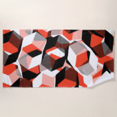 色の変わった部分を持つ多数の六角形、明るい赤 ビーチタオル (正面)