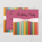 色の女の子らしい誕生会の虹で縞で飾ります 招待状 (正面/裏面)
