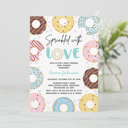 色の数々のドーナツベビー散水赤ちゃんシャワー 招待状 (スタンド正面)
