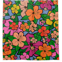 色の数々のハイビスカスフラワーシャワーカーテン