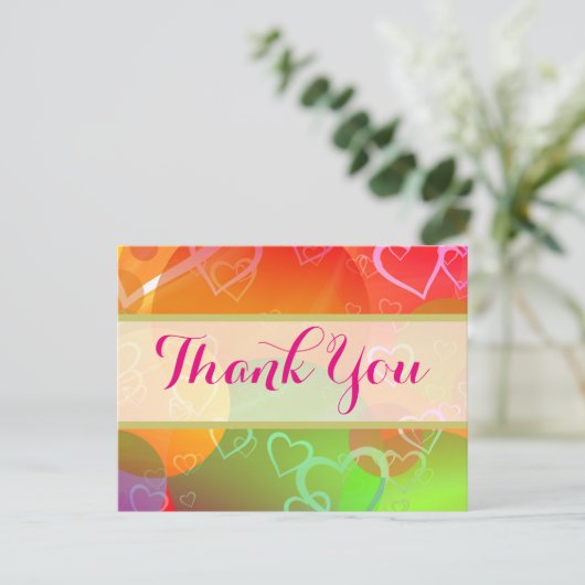 色の数々のハートと円のパターンありがとう ポストカード (スタンド正面)