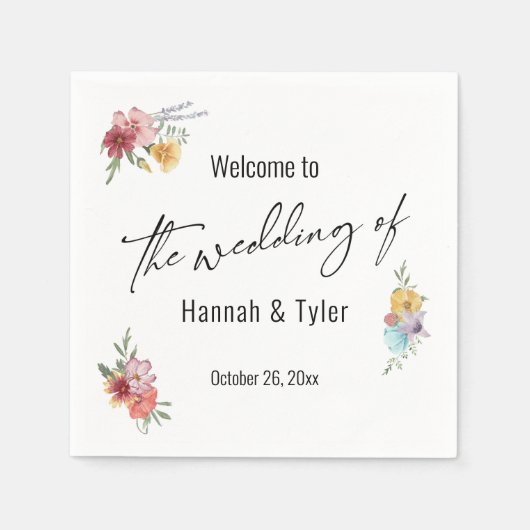 色の数々の水彩牧草地ワイルドフラワーへようこそ スタンダードカクテルナプキン (正面)