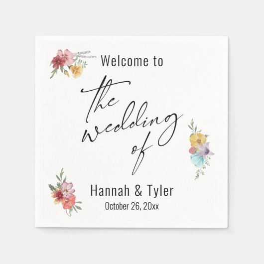 色の数々の水彩牧草地ワイルドフラワーへようこそ スタンダードカクテルナプキン (正面)