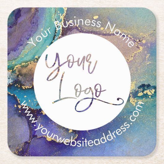 色の数々の金ゴールド液抽象芸術あなたのロゴ スクエアペーパーコースター (正面)