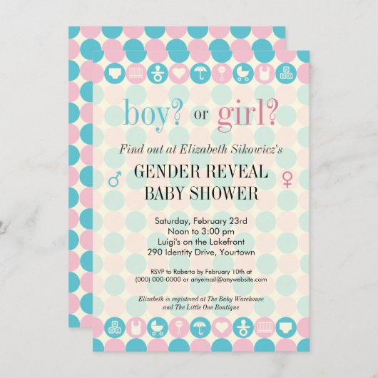 色の点の性はベビーシャワーを明らかにします 招待状 (正面/裏面)