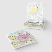 色の絵画花の上のピンクの蝶の香り ストーンコースター (横)