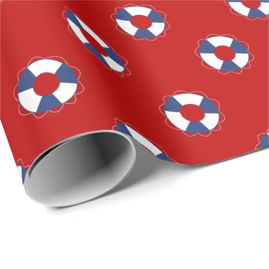 色の背景上の青い救命具 ラッピングペーパー (ロールコーナー)