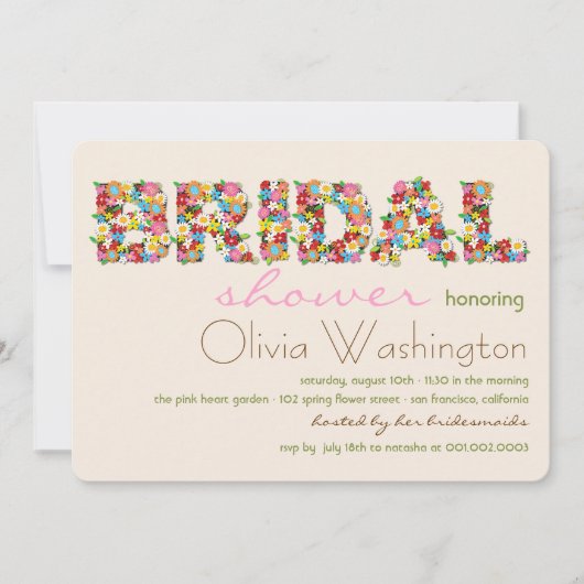 色の花嫁の春の花のブライダルシャワーの招待 招待状 (正面)