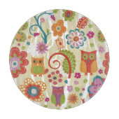 色の花柄およびフクロウ カッティングボード (正面)