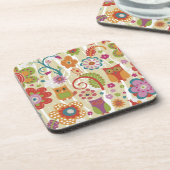 色の花柄およびフクロウ コースター (左側)