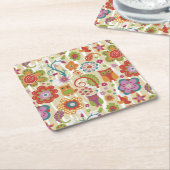 色の花柄およびフクロウ スクエアペーパーコースター (アングル)