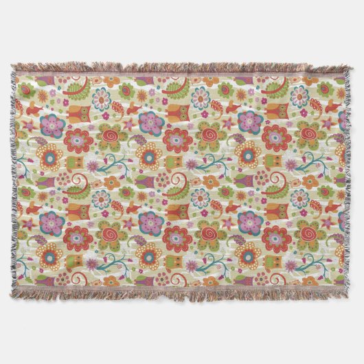 色の花柄およびフクロウ スローブランケット (正面)