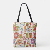 色の花柄およびフクロウ トートバッグ (裏面)