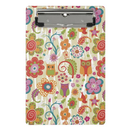 色の花柄およびフクロウ ミニクリップボード (正面)