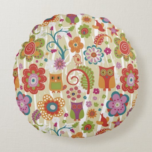 色の花柄およびフクロウ ラウンドクッション (正面)