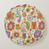 色の花柄およびフクロウ ラウンドクッション (裏面)