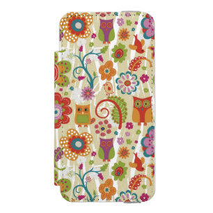 色の花柄およびフクロウ iPhone SE/5/5sウォレットケース