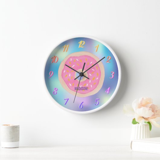 色の虹、名前のピンクのドーナツ 壁時計 (ホーム)