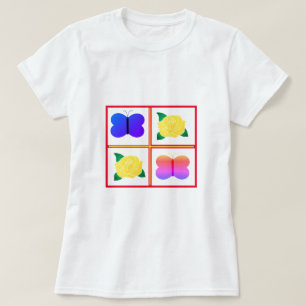 色の蝶のバラの赤い枠数々の付き画像 Tシャツ