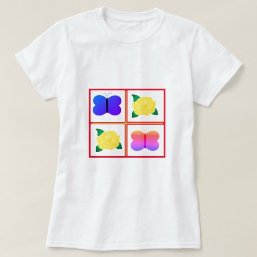 色の蝶のバラの赤い枠数々の付き画像 Tシャツ (デザイン正面)