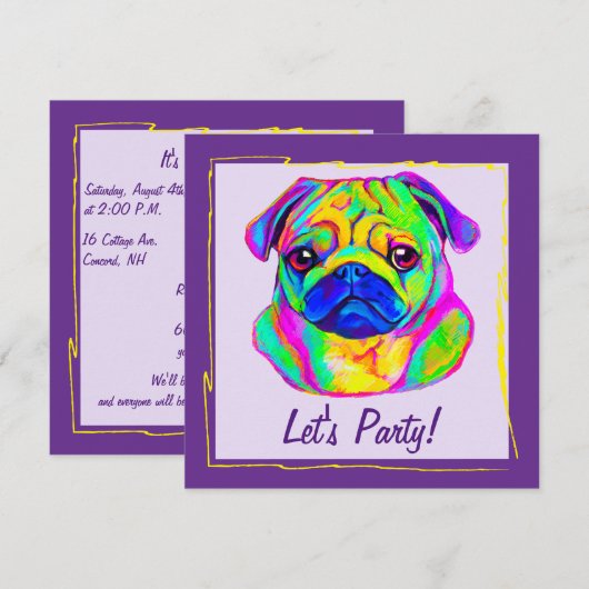 色の誕生日のパグ 招待状 (正面/裏面)