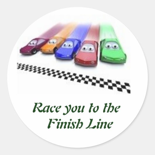 色の車、フィニッシュラインにあなたをレース ラウンドシール (正面)