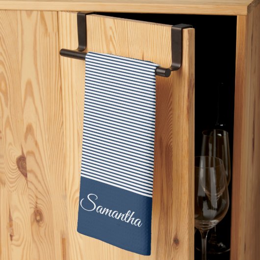 色の選択ミニマルモダンストライプと名前 キッチンタオル (三つ折り)