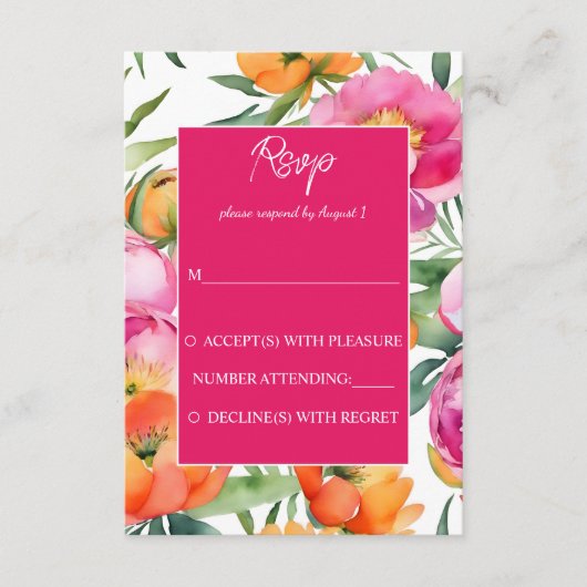 色はっきりしたピンクのオレンジの牡丹エレガントRSVP エンクロージャーカード (正面)